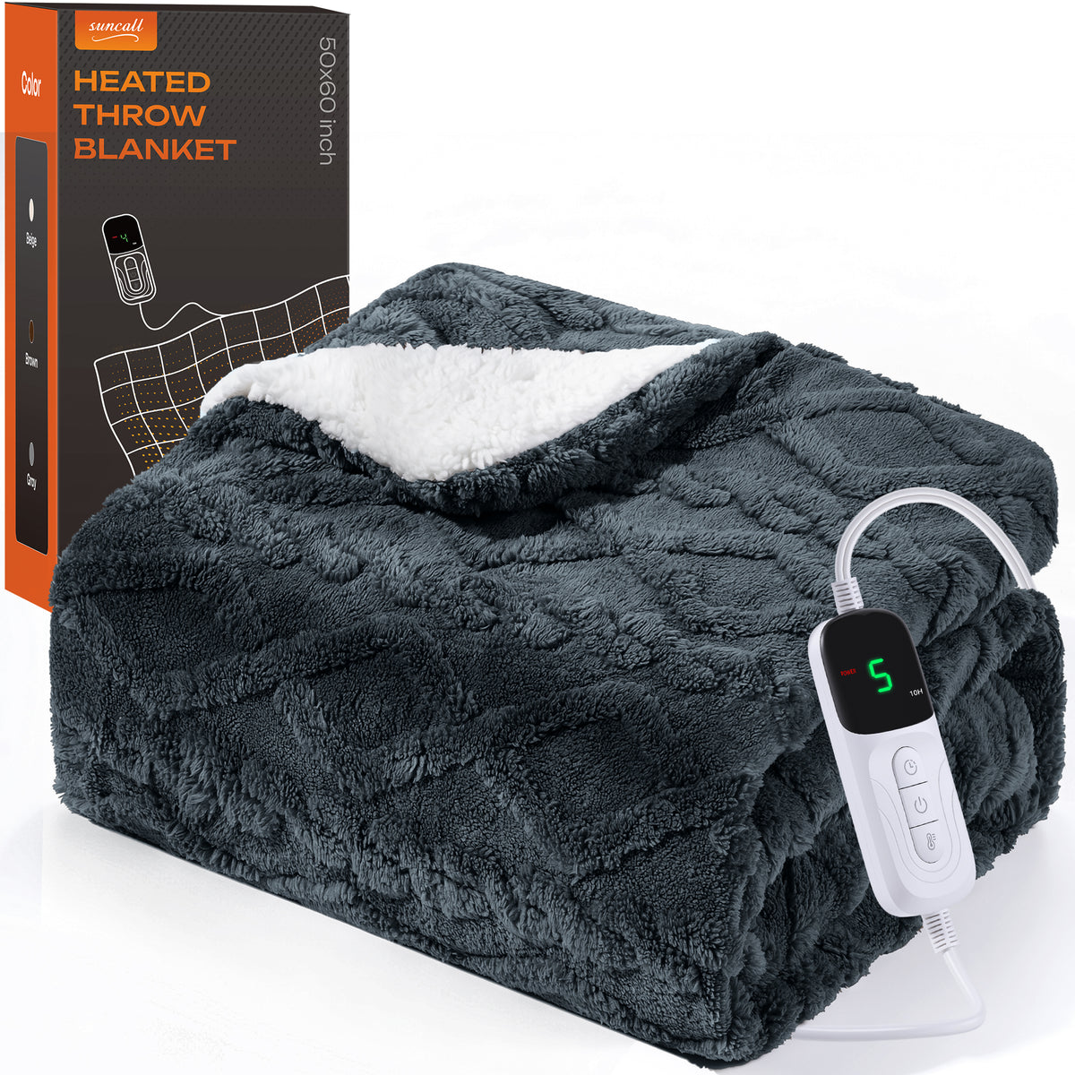 Suncall Electric Throw Blanket 50" x 60" – Thick Plush Jacquard Heated Blanket, 5 Heat Settings & 4 Timer Settings, Fast Heating, Machine Washable, Gray