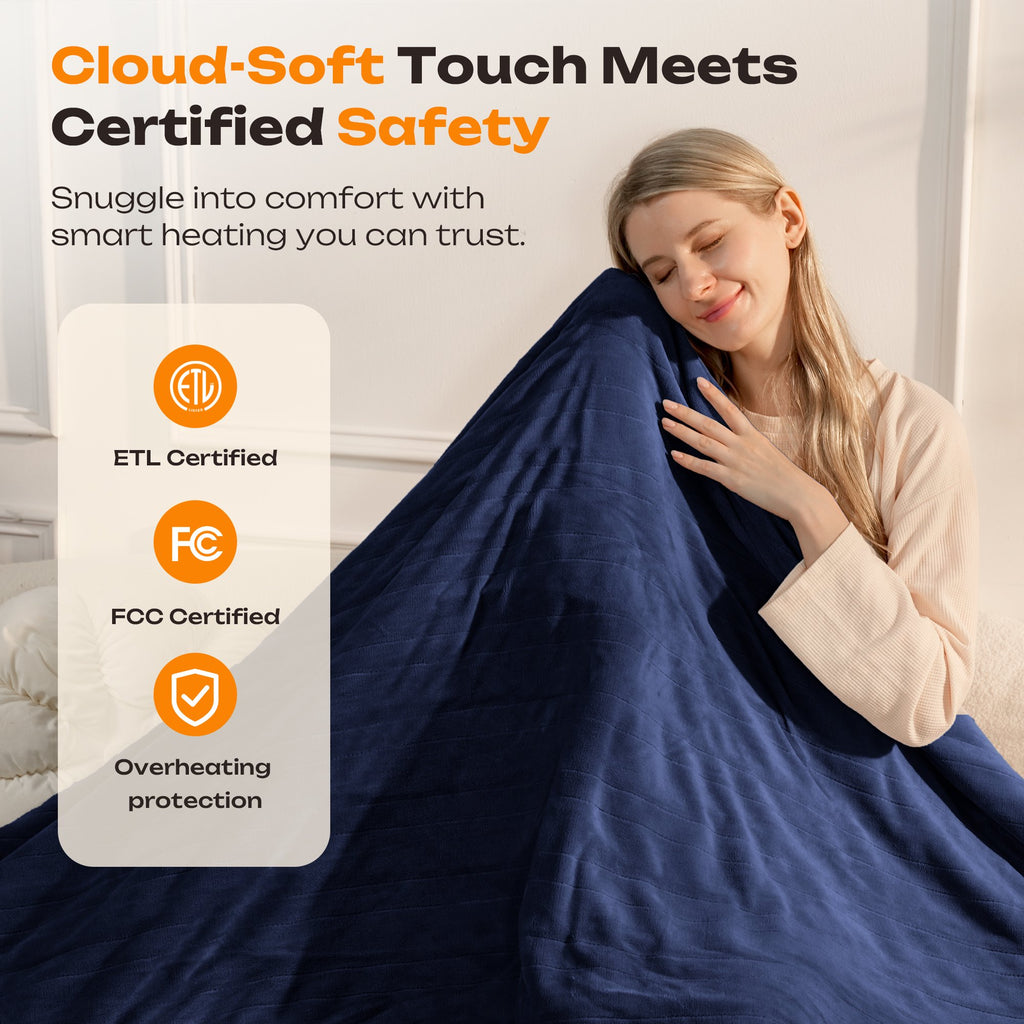 Heated Electric Blanket Queen Size 84"x90" – 10 Heat Levels, 10-Hour Auto Shut-Off, Dual Controllers, Soft Flannel, Overheat Protection, ETL & FCC Certified, Machine Washable(Blue)