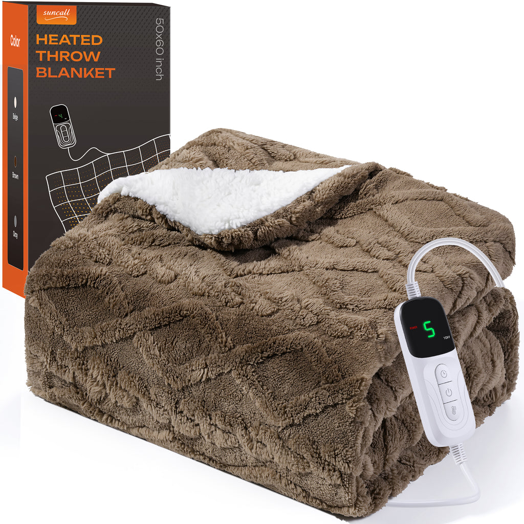 Suncall Electric Throw Blanket 50" x 60" – Thick Plush Jacquard Heated Blanket, 5 Heat Settings & 4 Timer Settings, Fast Heating, Machine Washable,Khaki