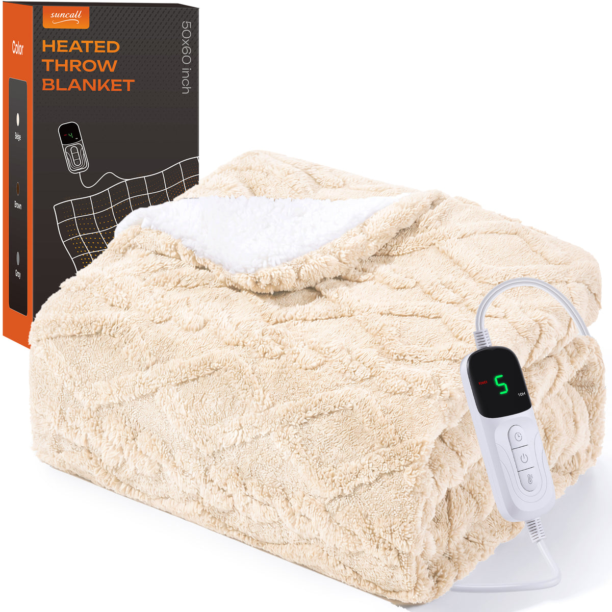 Suncall Electric Throw Blanket 50" x 60" – Thick Plush Jacquard Heated Blanket, 5 Heat Settings & 4 Timer Settings, Fast Heating, Machine Washable, Beige