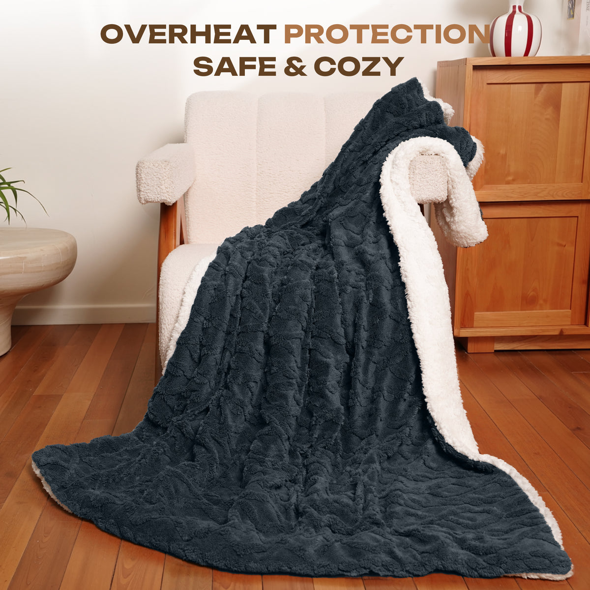 Suncall Electric Throw Blanket 50" x 60" – Thick Plush Jacquard Heated Blanket, 5 Heat Settings & 4 Timer Settings, Fast Heating, Machine Washable, Gray