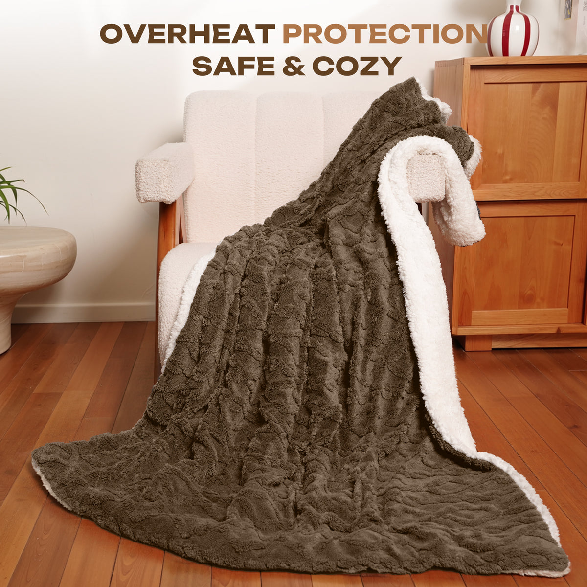 Suncall Electric Throw Blanket 50" x 60" – Thick Plush Jacquard Heated Blanket, 5 Heat Settings & 4 Timer Settings, Fast Heating, Machine Washable,Khaki