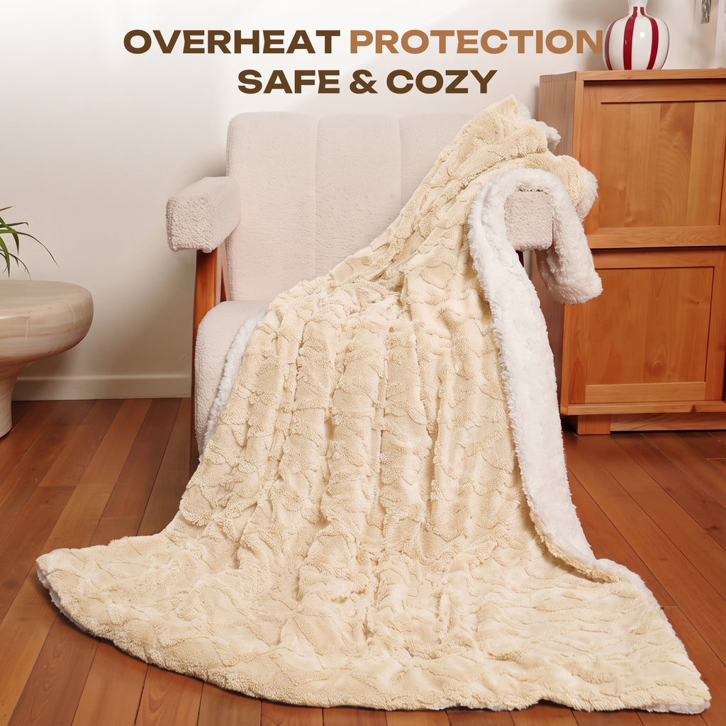 Suncall Electric Throw Blanket 50" x 60" – Thick Plush Jacquard Heated Blanket, 5 Heat Settings & 4 Timer Settings, Fast Heating, Machine Washable, Beige