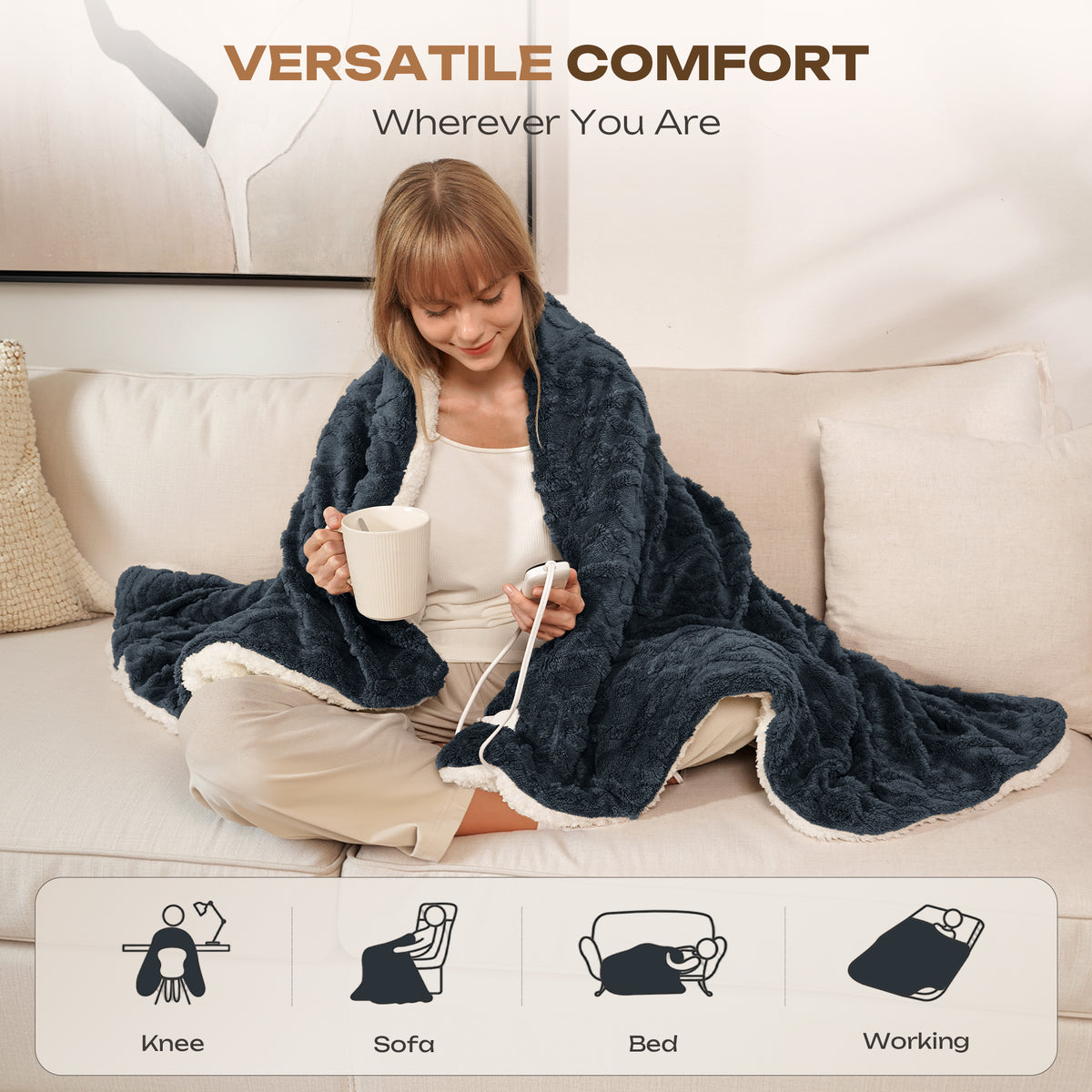 Suncall Electric Throw Blanket 50" x 60" – Thick Plush Jacquard Heated Blanket, 5 Heat Settings & 4 Timer Settings, Fast Heating, Machine Washable, Gray