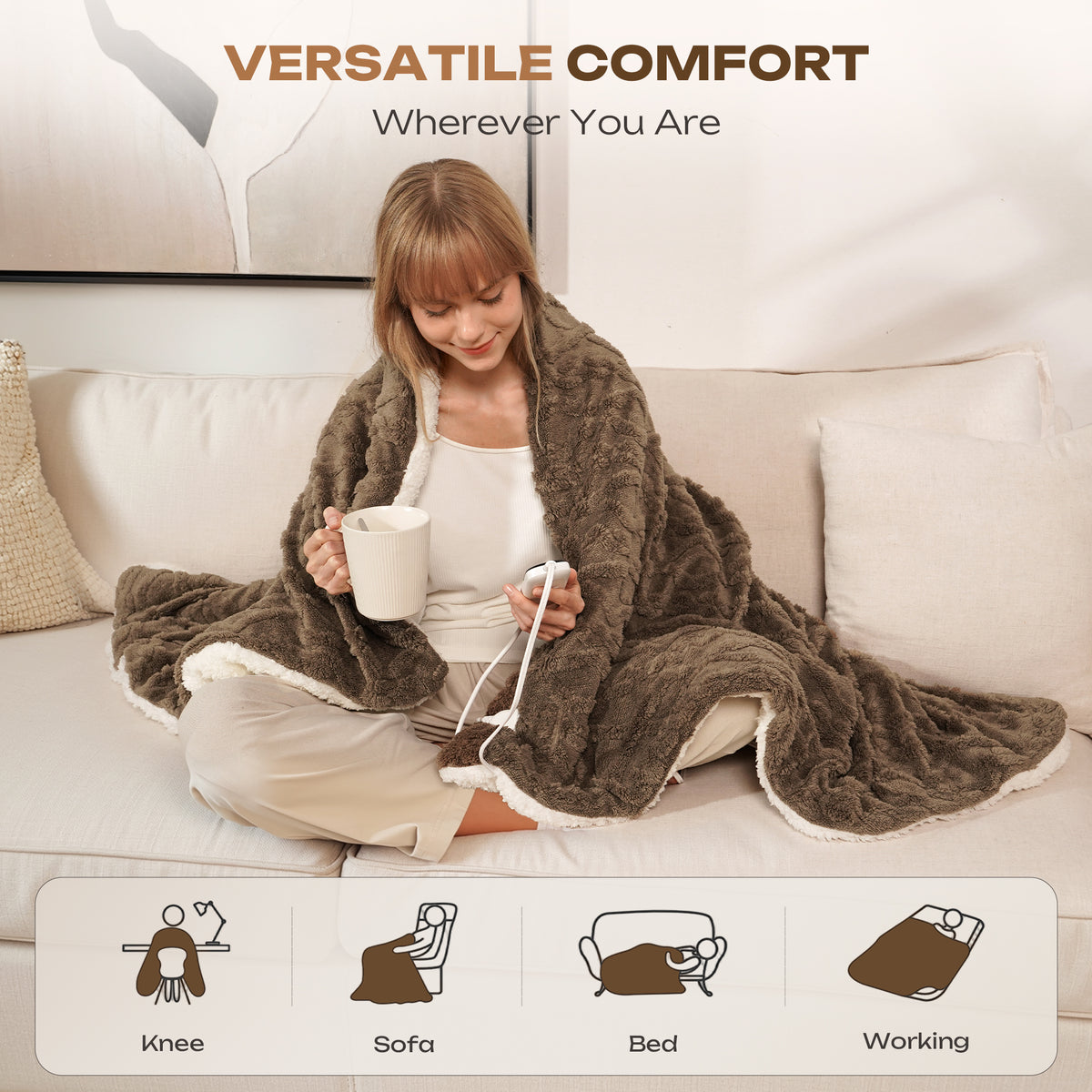 Suncall Electric Throw Blanket 50" x 60" – Thick Plush Jacquard Heated Blanket, 5 Heat Settings & 4 Timer Settings, Fast Heating, Machine Washable,Khaki