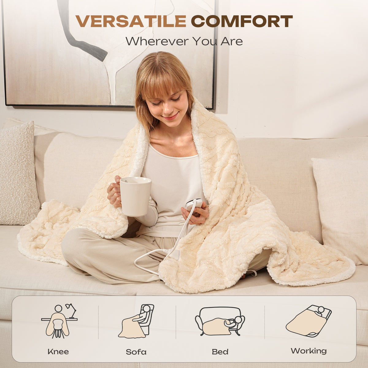 Suncall Electric Throw Blanket 50" x 60" – Thick Plush Jacquard Heated Blanket, 5 Heat Settings & 4 Timer Settings, Fast Heating, Machine Washable, Beige