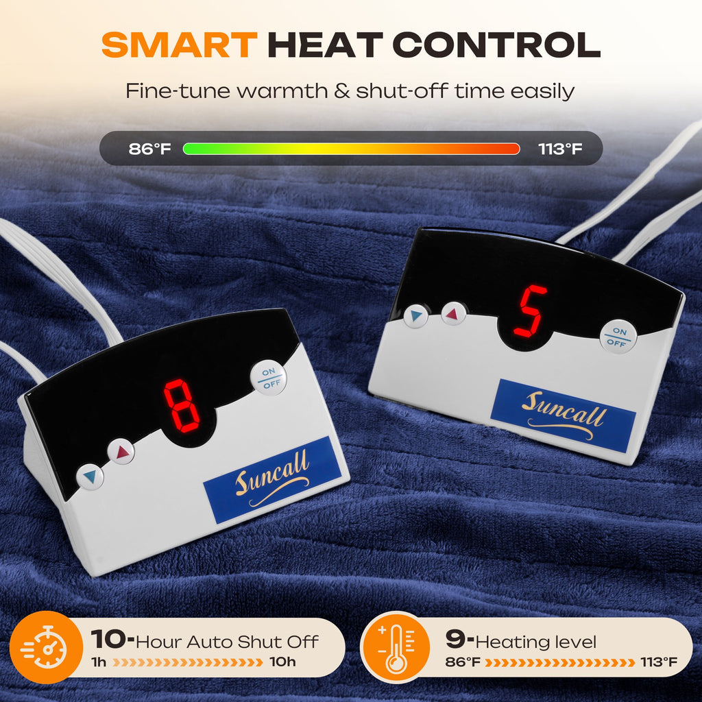 Heated Electric Blanket Queen Size 84"x90" – 10 Heat Levels, 10-Hour Auto Shut-Off, Dual Controllers, Soft Flannel, Overheat Protection, ETL & FCC Certified, Machine Washable(Blue)