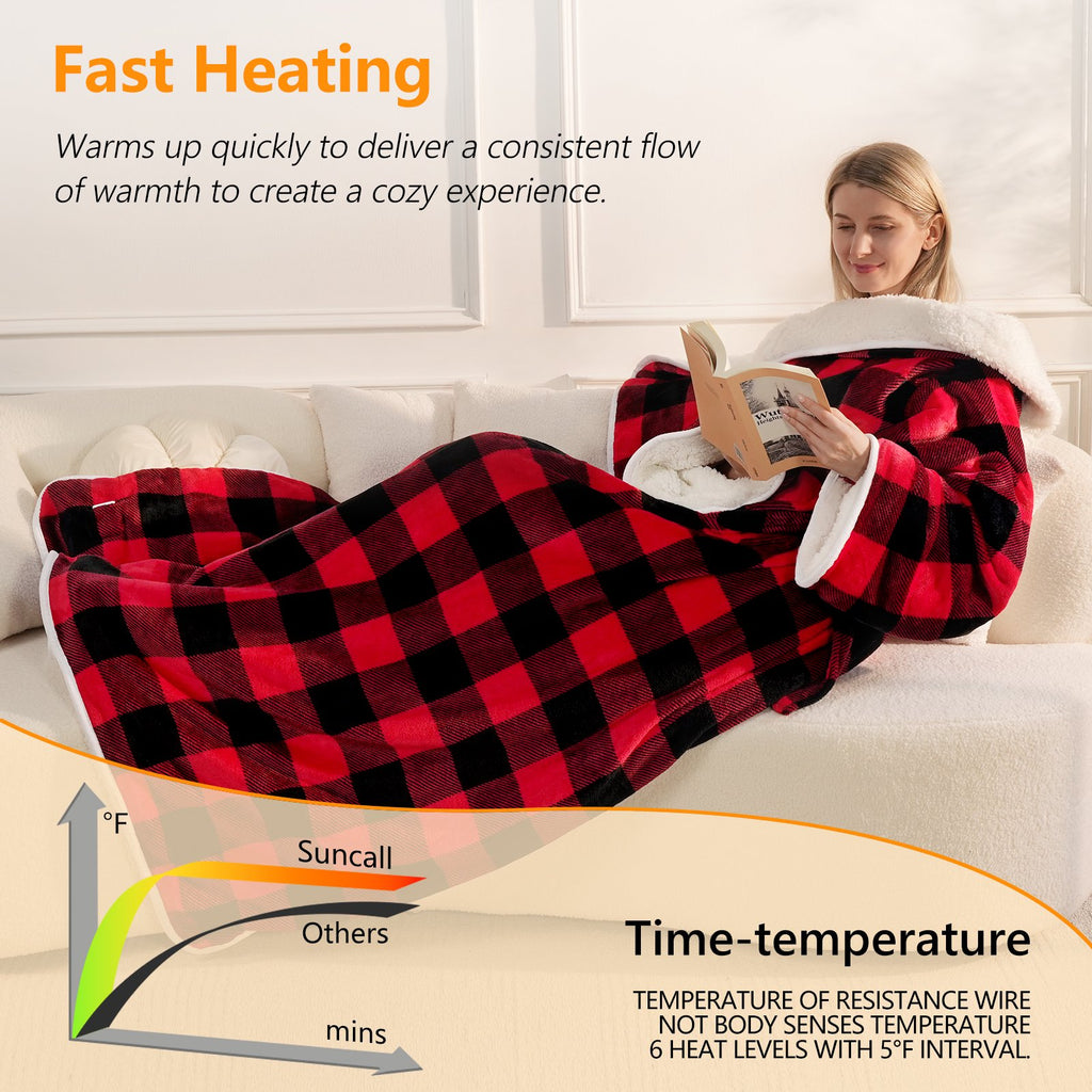 Suncall Electric Snuggle Throw Blankets with Sleeves, Wearable Heated Blanket, Red