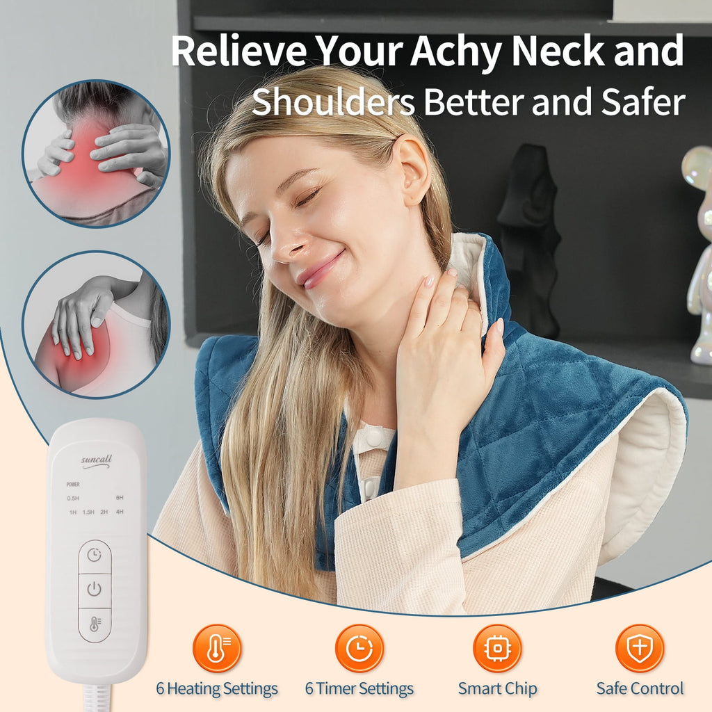 Suncall Heating Pad for Neck, Shoulders & Back – 6 Heat Levels up to 149°F, 6 Auto-Off Timers, Soft Flannel, Large Heated Wrap for Daily Comfort, Machine Washable, Gift for Women & Men blue