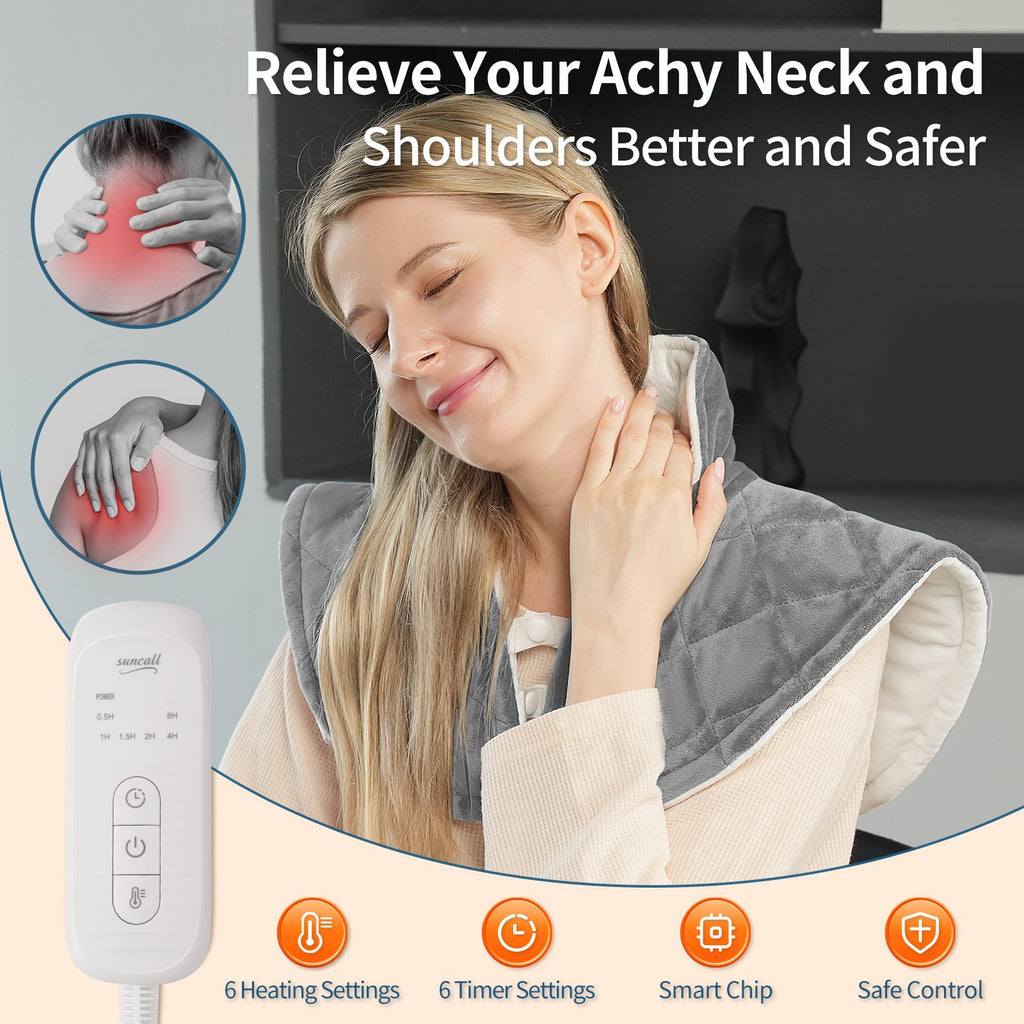 Suncall Heating Pad for Neck, Shoulders & Back – 6 Heat Levels up to 149°F, 6 Auto-Off Timers, Soft Flannel, Large Heated Wrap for Daily Comfort, Machine Washable, Gift for Women & Men