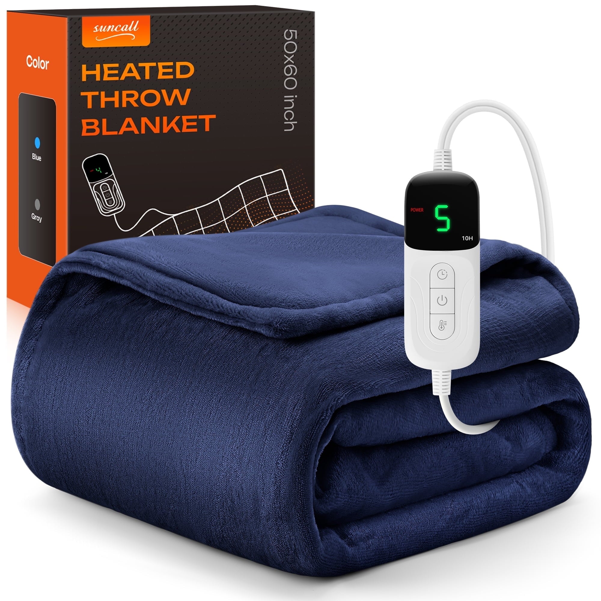 Electric Heated Throw Blanket 50"x60" – 5 Heat Levels, 2-10H Auto-Off Timer, Overheat Protection, ETL & FCC Certified, Flannel Sherpa Heated Blanket, Machine Washable, Energy-Saving Smart Heat (Blue)