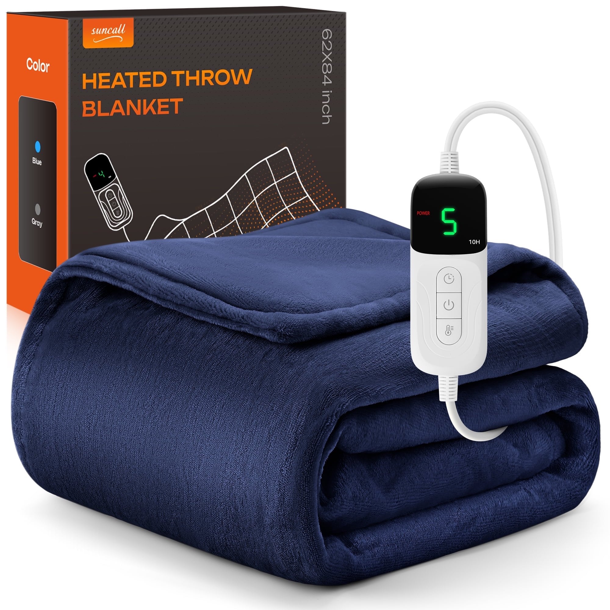 Electric Heated Throw Blanket 62"x84" – 5 Heat Levels, 2-10H Auto-Off Timer, Overheat Protection, ETL & FCC Certified, Flannel Sherpa Heated Blanket, Machine Washable, Energy-Saving Smart Heat (Blue)