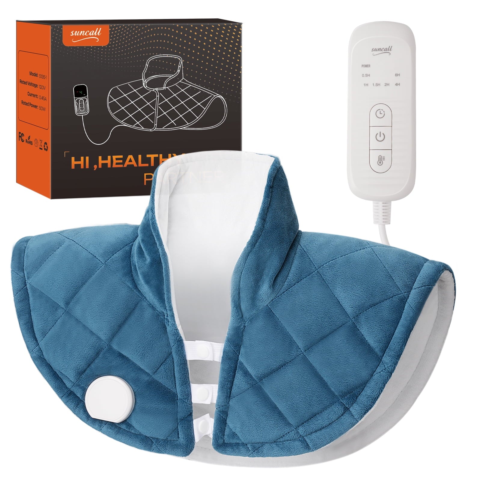 Suncall Heating Pad for Neck, Shoulders & Back – 6 Heat Levels up to 149°F, 6 Auto-Off Timers, Soft Flannel, Large Heated Wrap for Daily Comfort, Machine Washable, Gift for Women & Men blue