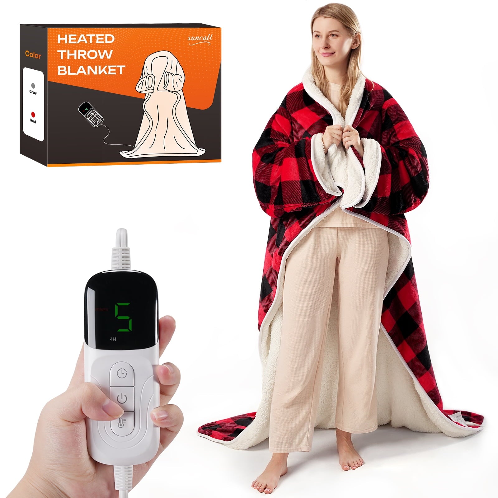 Suncall Electric Snuggle Throw Blankets with Sleeves, Wearable Heated Blanket, Red