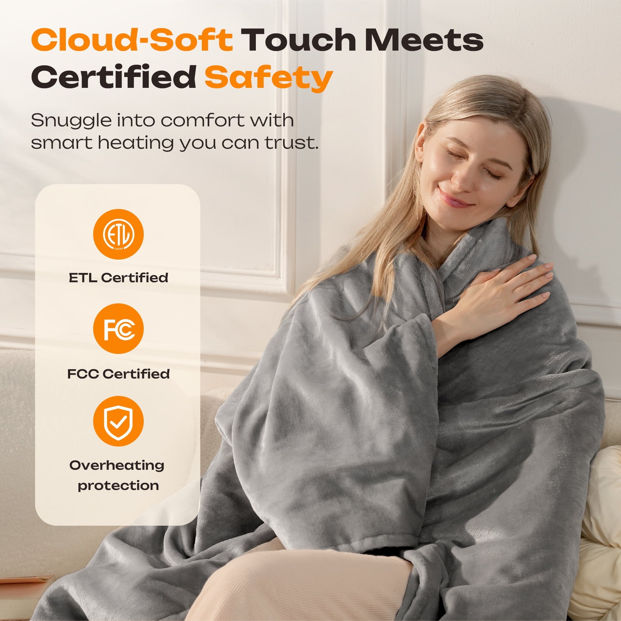 Electric Heated Throw Blanket 90"x100" – 5 Heat Levels, 2-10H Auto-Off Timer, Overheat Protection, ETL & FCC Certified, Flannel Sherpa Heated Blanket, Machine Washable, Energy-Saving Smart Heat