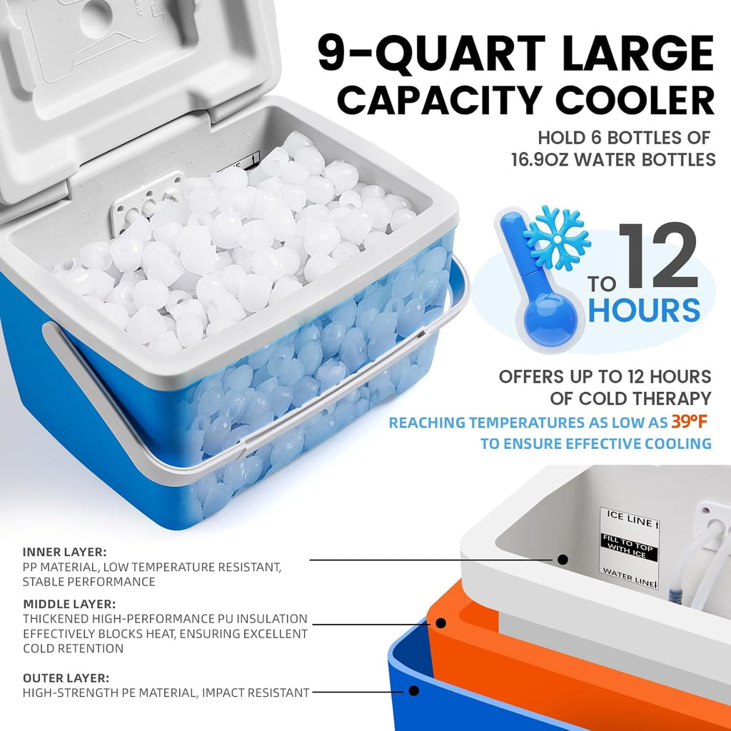 Cold Therapy Machine for Knee After Surgery - Ice Machine System with Timer & Temp Control, 12-Hour Ice Retention with 9Qt Fridge-Grade Cooler, Portable Quiet Pump for Home & Bedrest